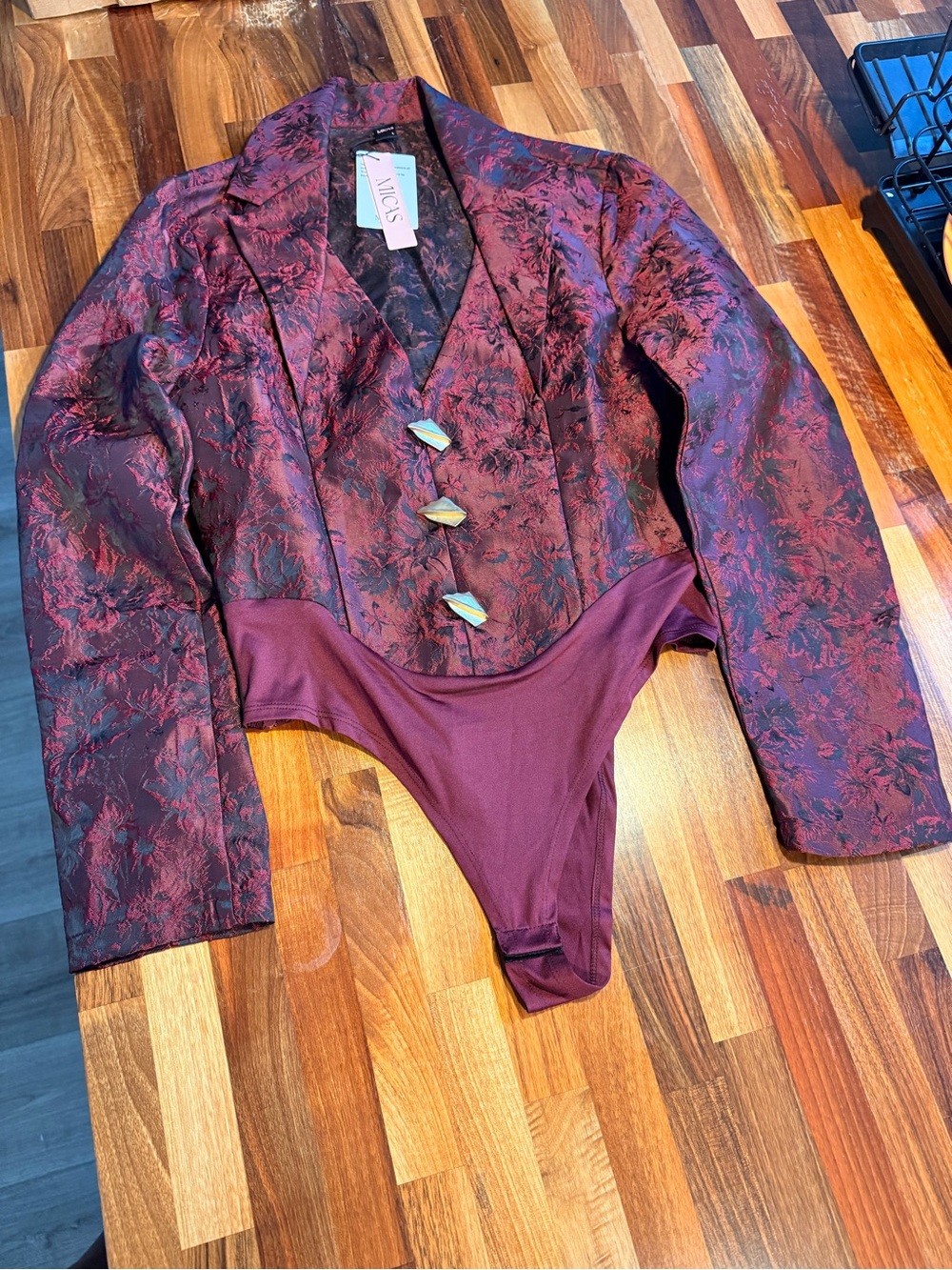 Micas Women’s Burgundy Brocade Blazer Bodysuit with Lapel